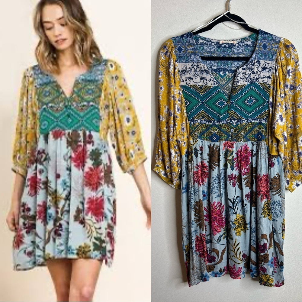 Magnolia Boutique S Floral Patterned Dress with Mixed Colors Boho Hippie Peasant